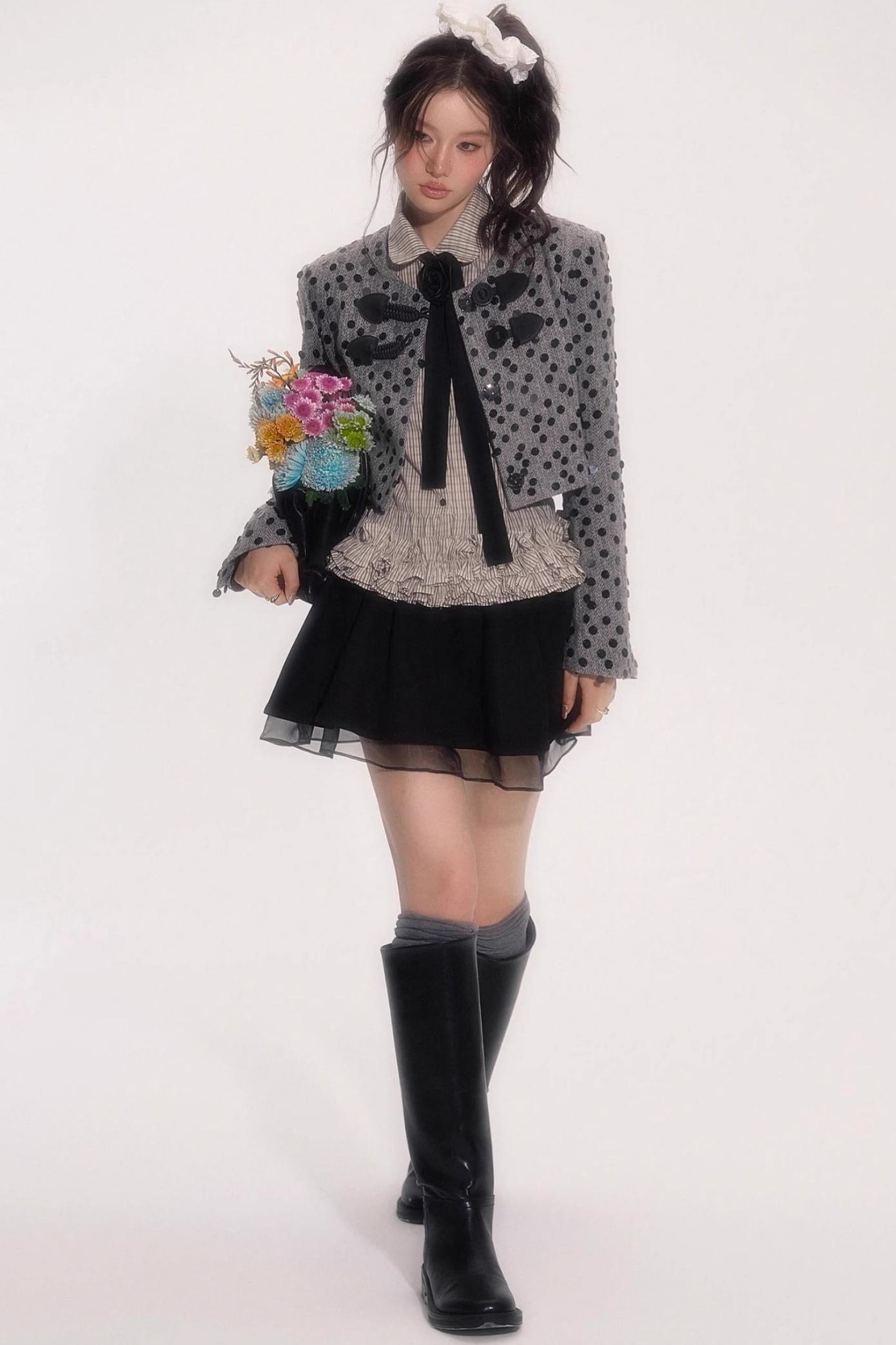 Flower Hem Shirt With Tie Set-Up