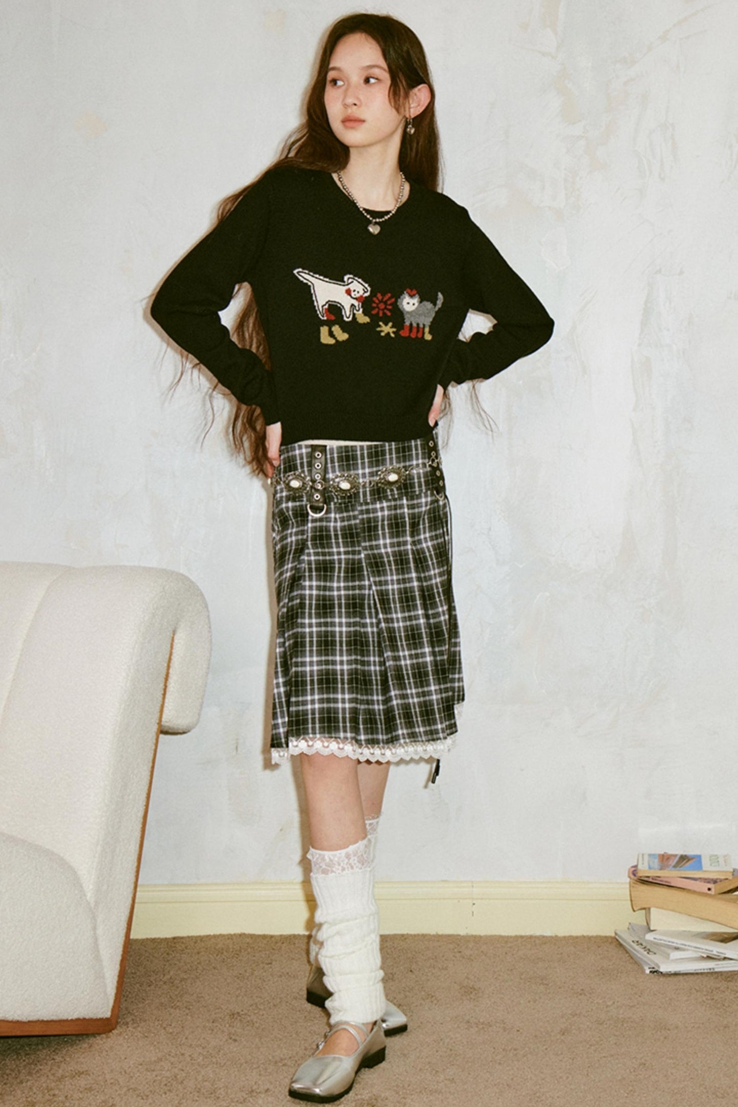 Kitten Puppy Embroidered Wool Blend Top