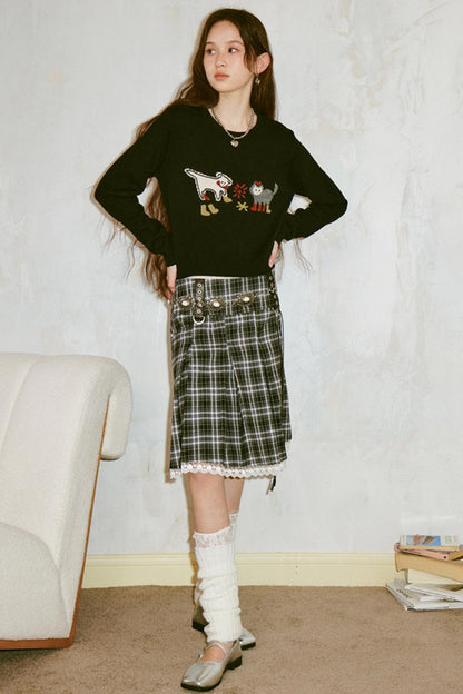 Kitten Puppy Embroidered Wool Blend Top