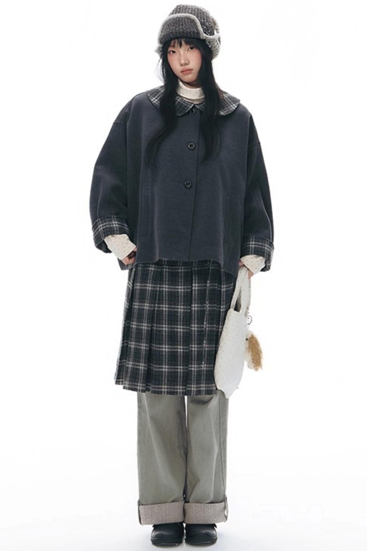 Double Waist Plaid Woolen Pleated Midskirt