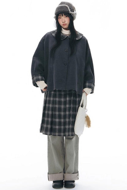 Double Waist Plaid Woolen Pleated Midskirt