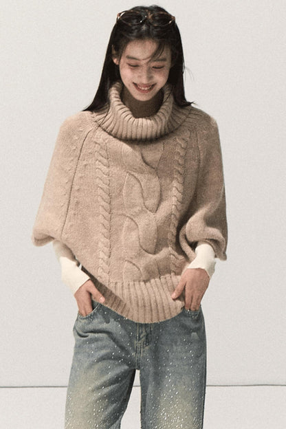 Wool Twist Knit Cape Sweater Top Skirt Set-Up