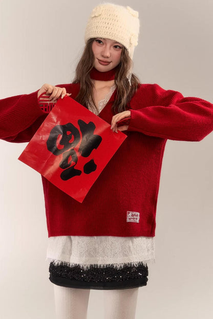 Asgony Red Retro Knit Sweater