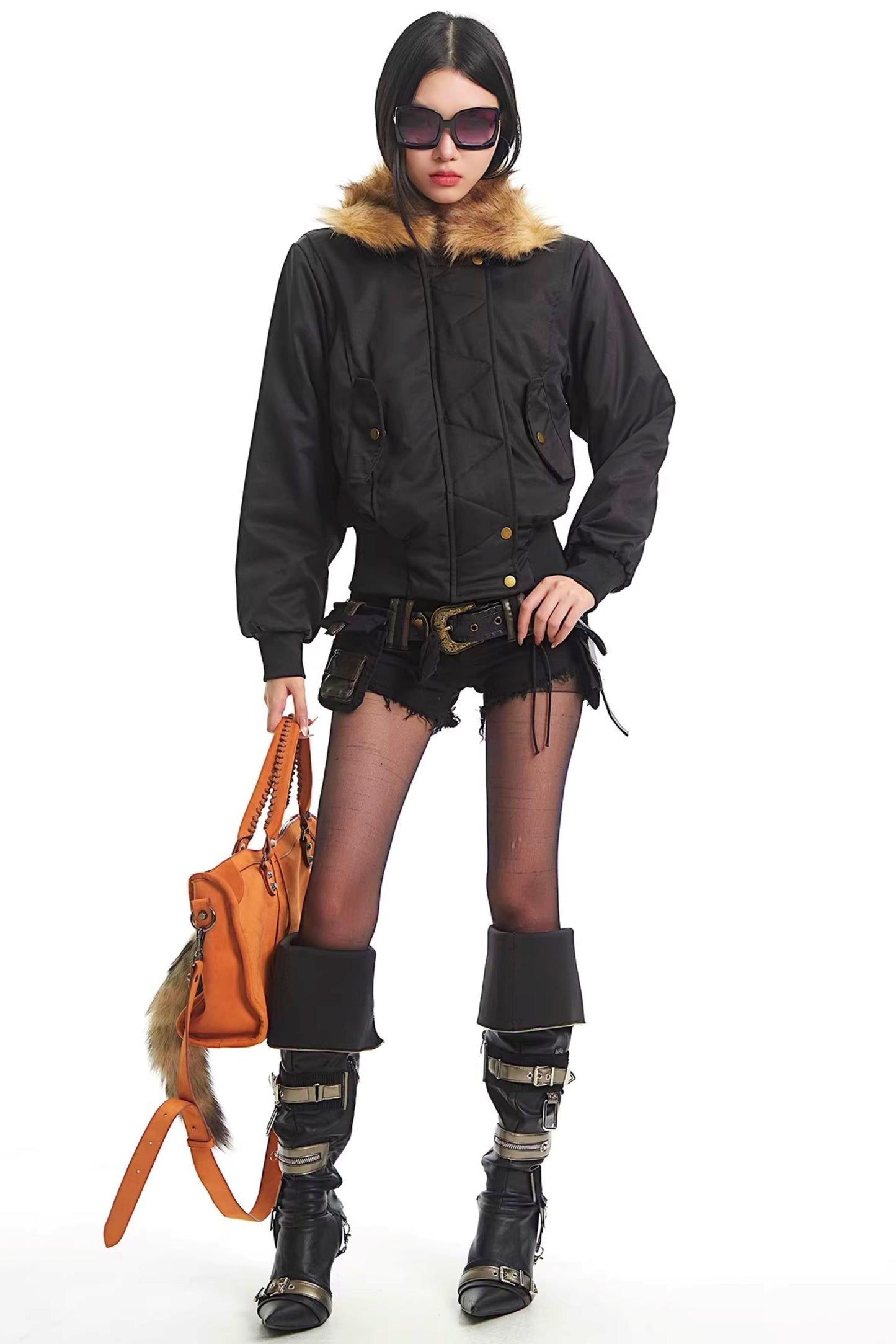 Korean Black Fur Collar Jacket