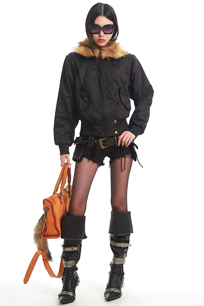 Korean Black Fur Collar Jacket