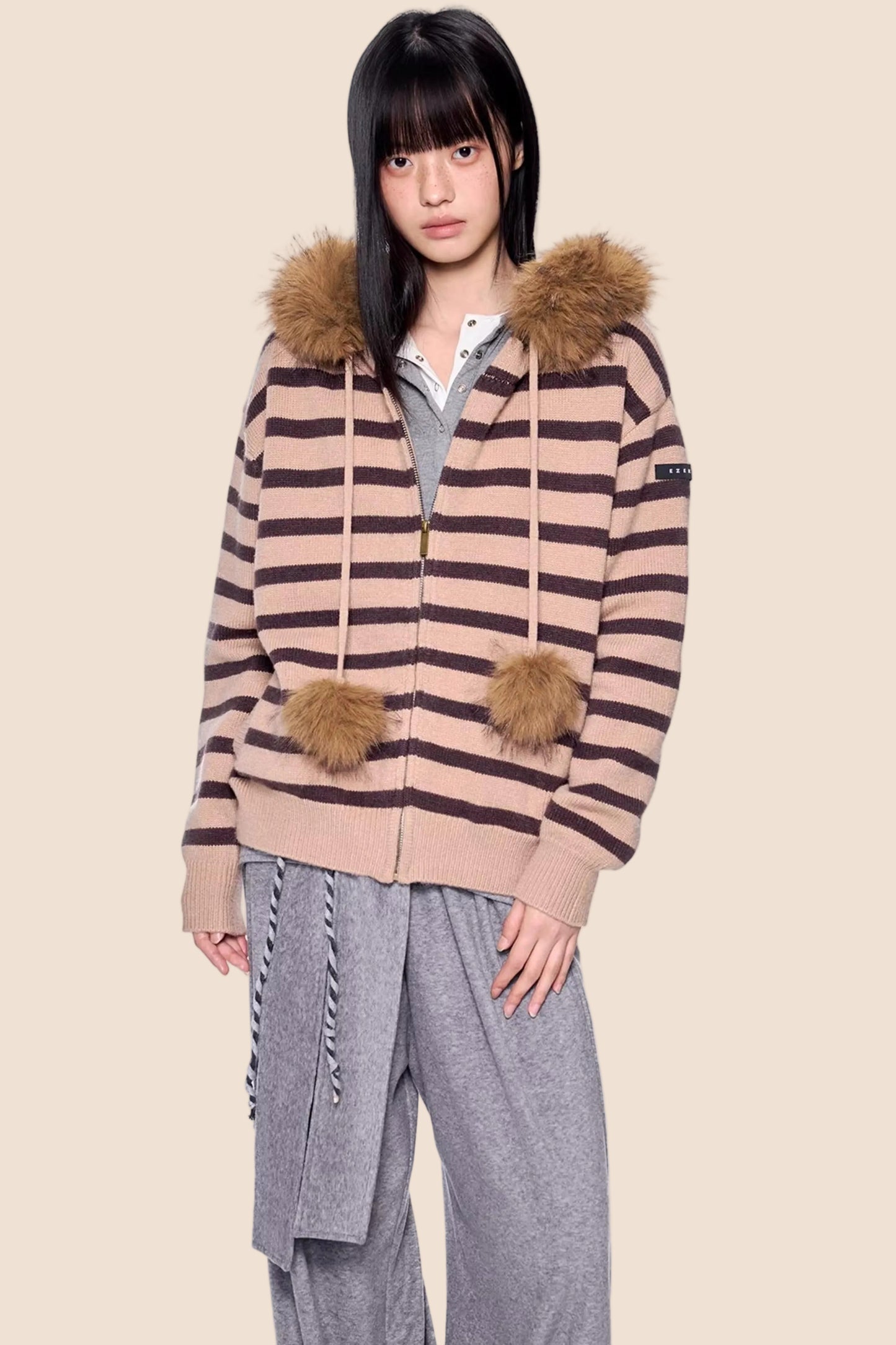 Fur Collar Striped Knit Cardigan