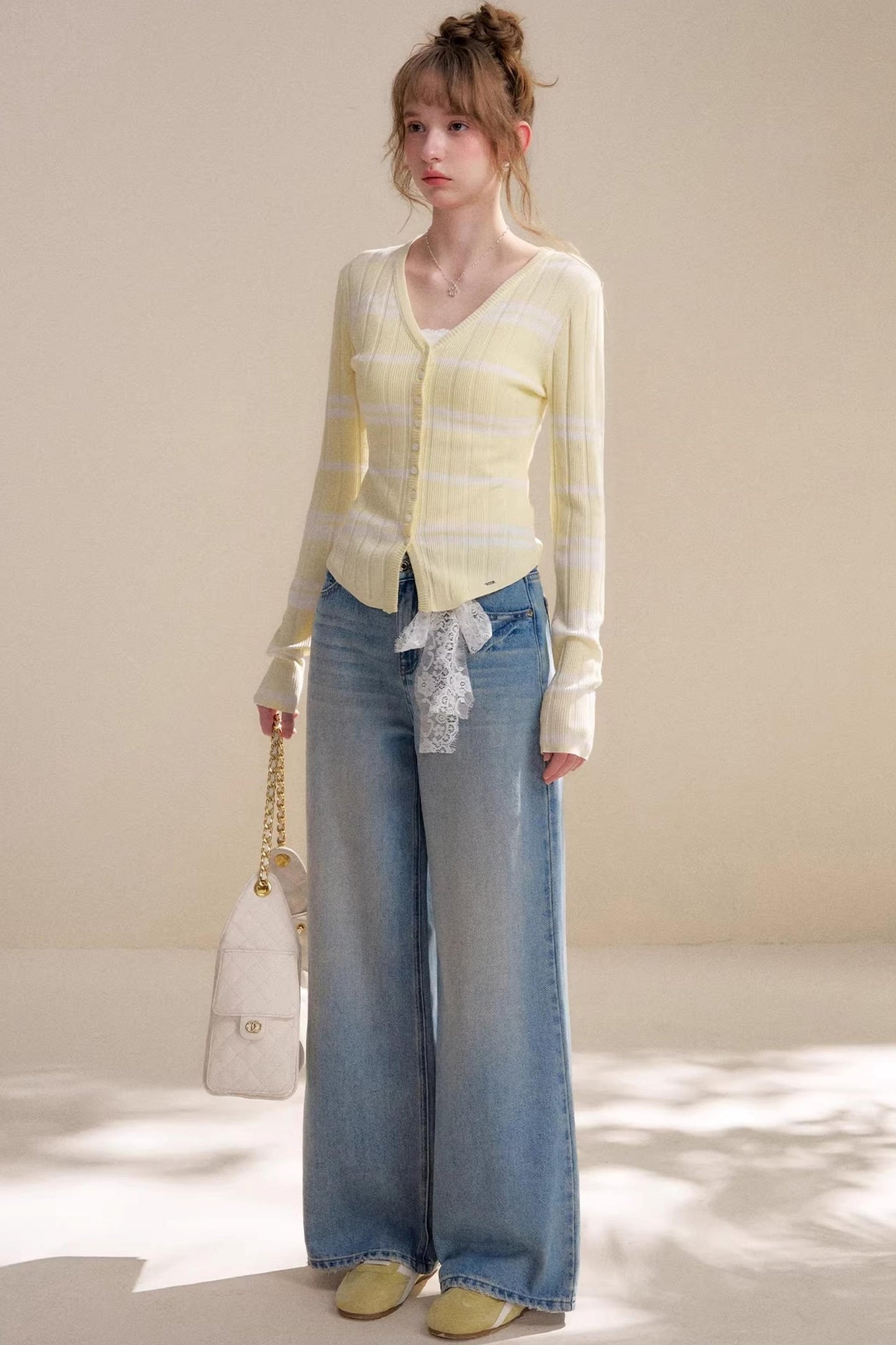 Romantische Kontrast-Spitzen-Strickjacke-Oberteil