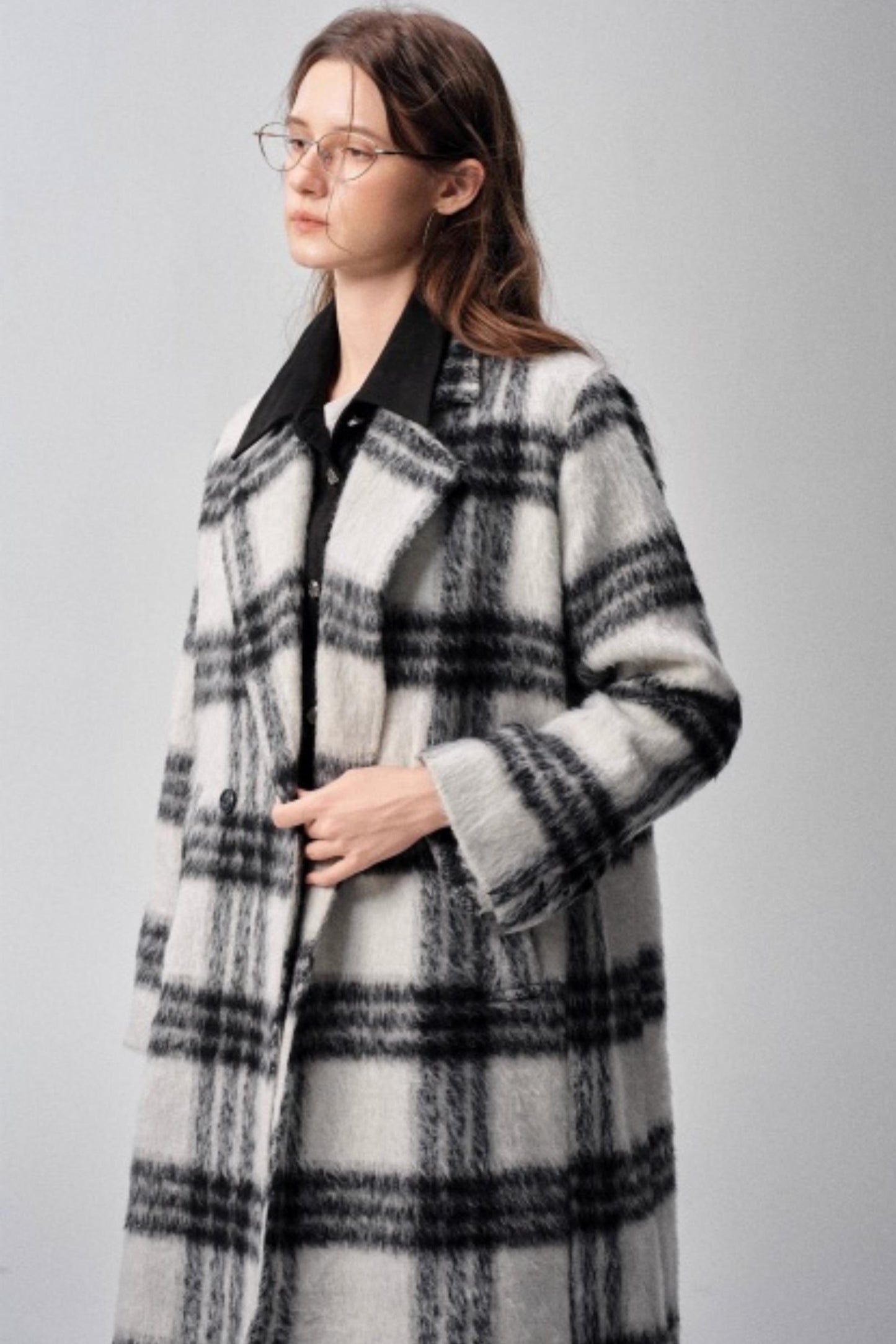 Black & White Plaid High-End Woolen Coat