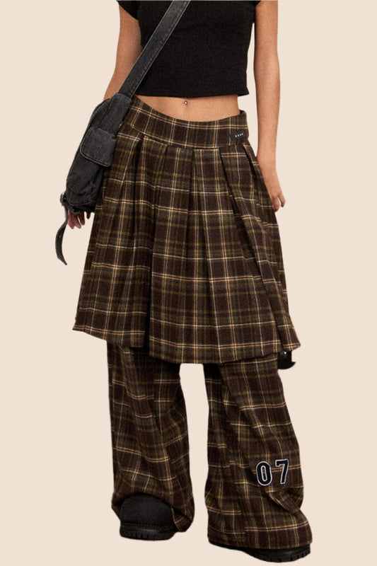 EZEK AMERICAN RETRO WOOLEN PLAID CASUAL WIDE-LEG PANTS WOMEN'S AUTUMN AND WINTER NEW HIGH-WAISTED SKIRT MOP PANTS TIDE