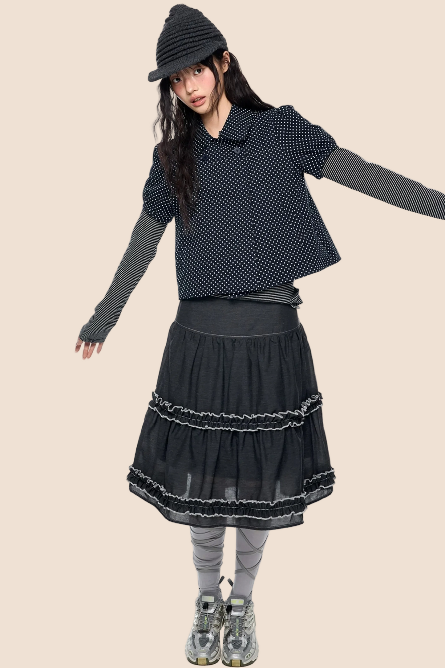 Polka Dot Plaid Puff Blouse