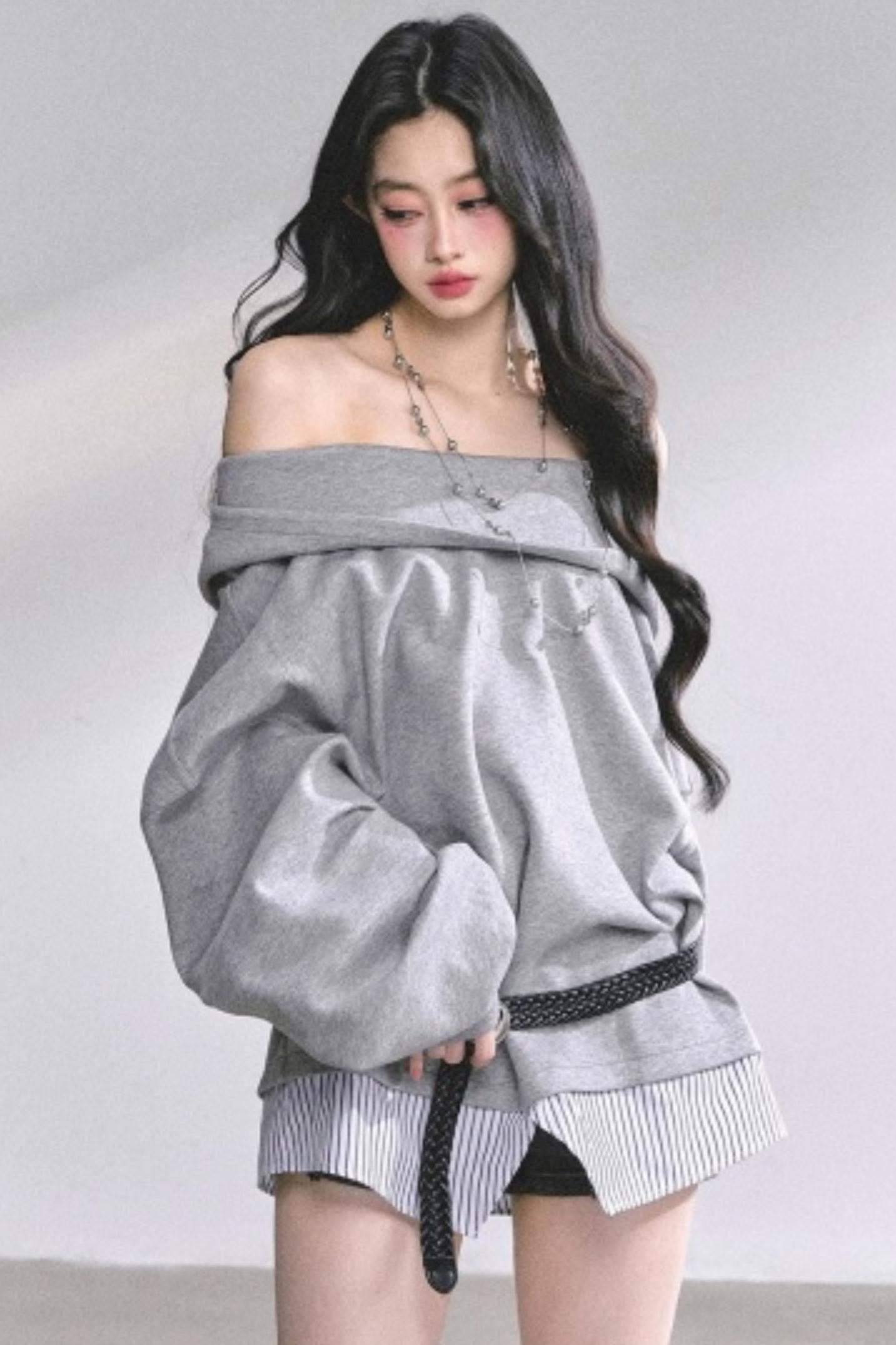 One Shoulder Grayscale Sweatshirt Dress