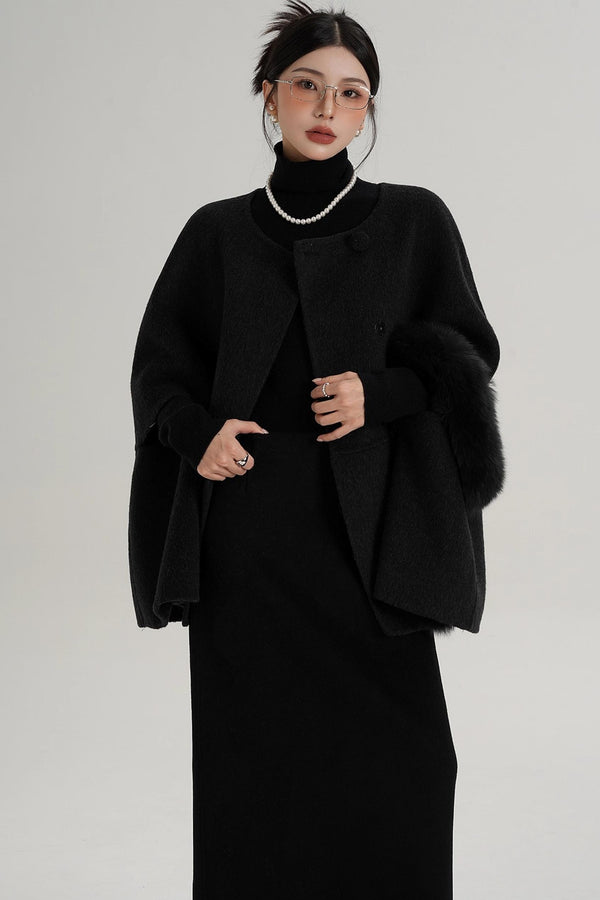 Elegant Fox Fur Wool Cape Coat