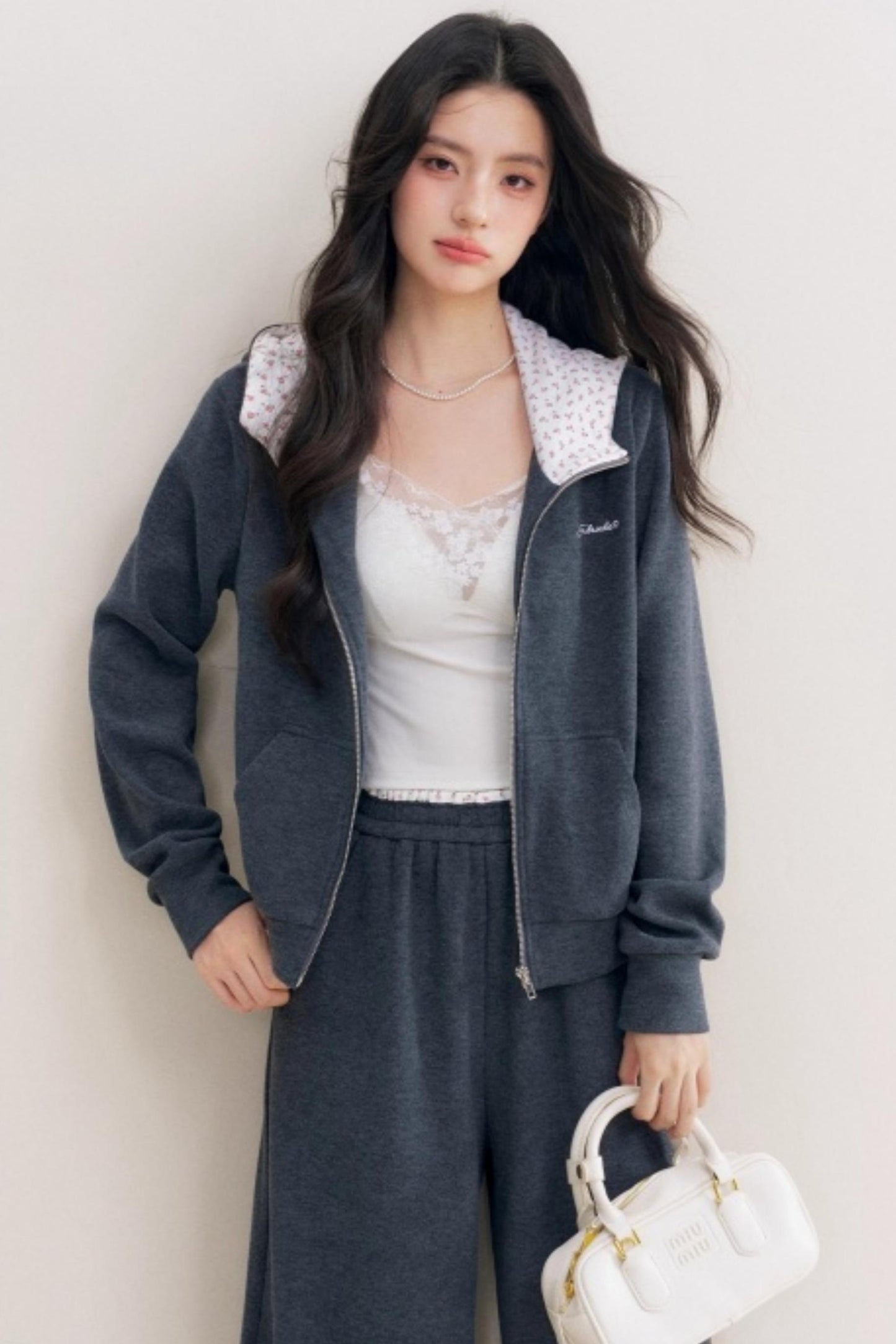 Rose Print Patchwork Hooded Jacket Set-Up