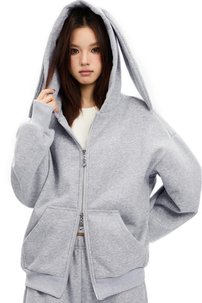 Bunny Ears Hooded Cardigan & Wide Pants Set-Up