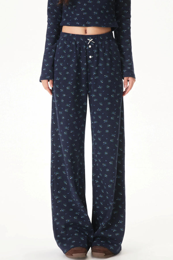 Floral Placket Blouse and Pants Set-Up