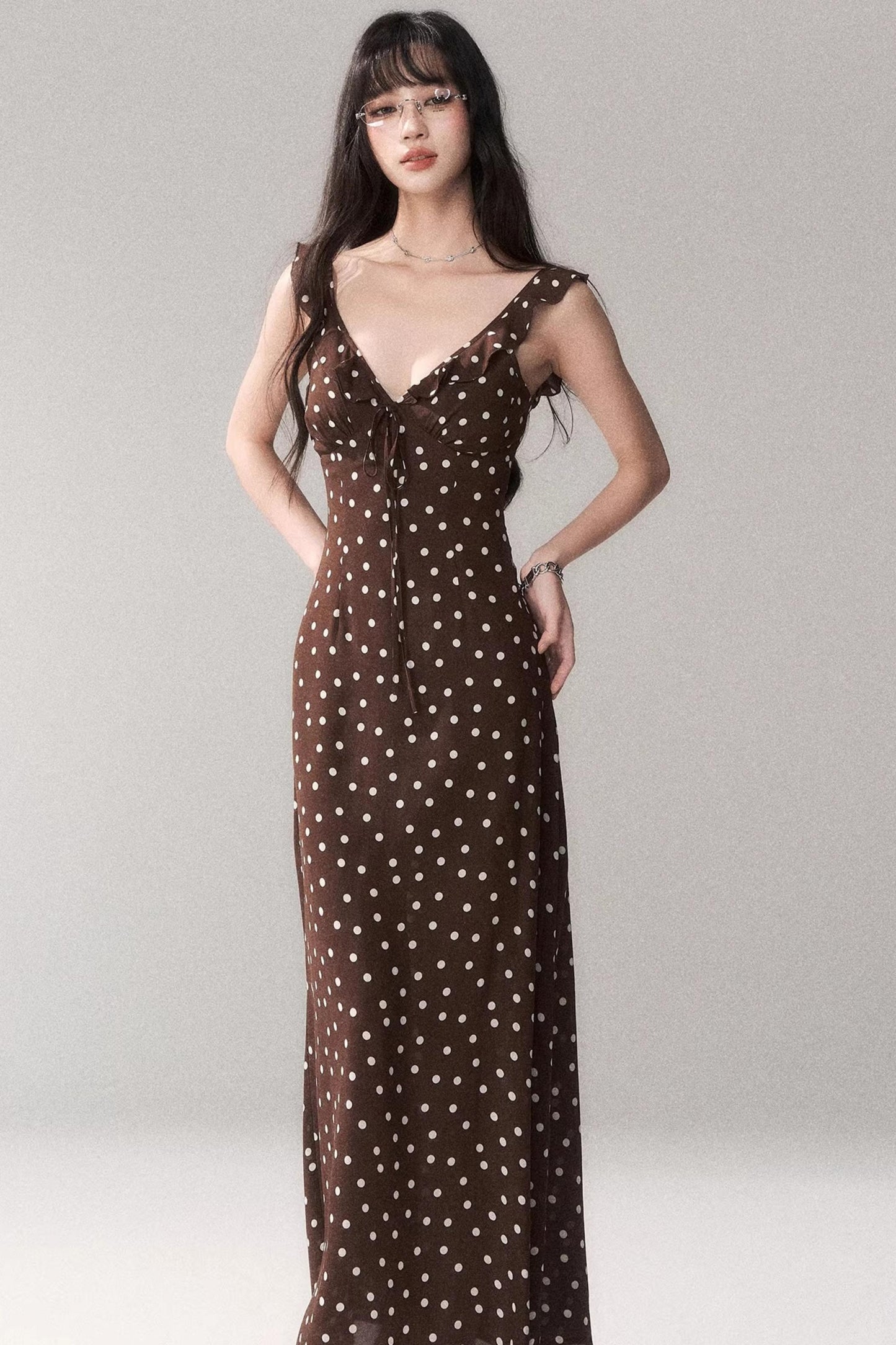 Brown Polka Dot Strap Dress