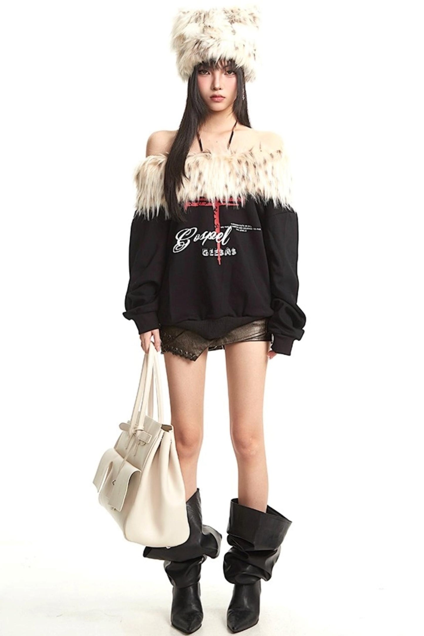 Vintage Apricot One-Shoulder Fur Collar Sweatshirt