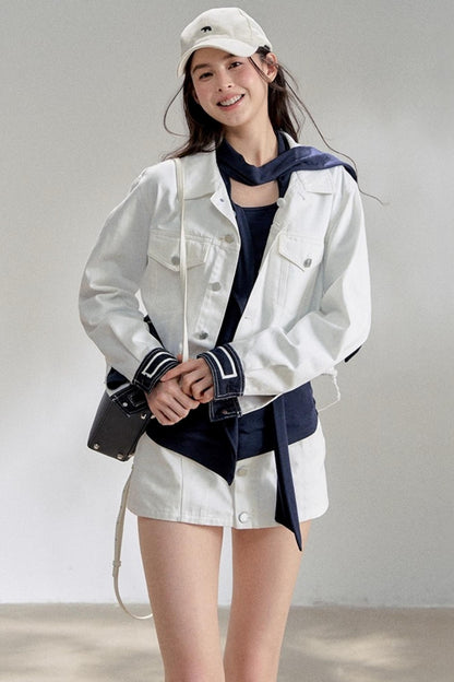 White Navy Short Denim Jacket Set-Up