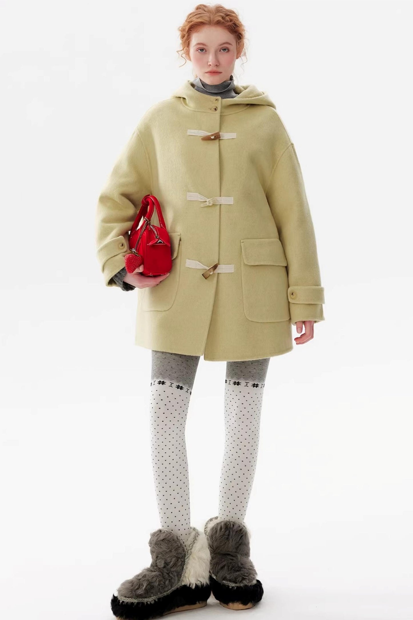 Warm Yellow Wool Hooded Coat