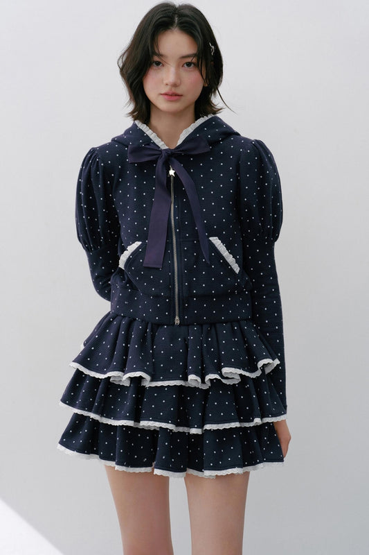 Hooded Polka Dot Tracksuit Skirt Set-Up