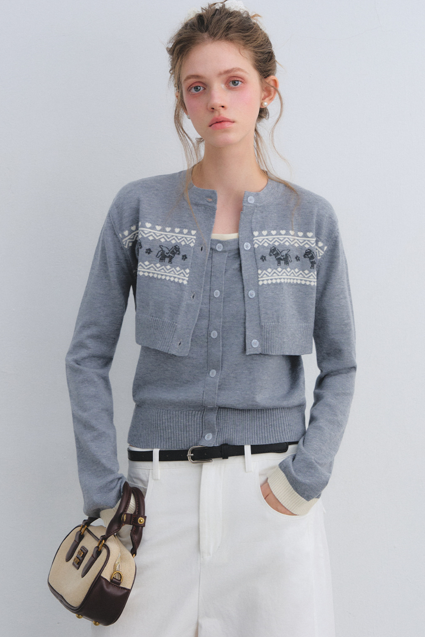 Gray Wool Knit Cardigan Set