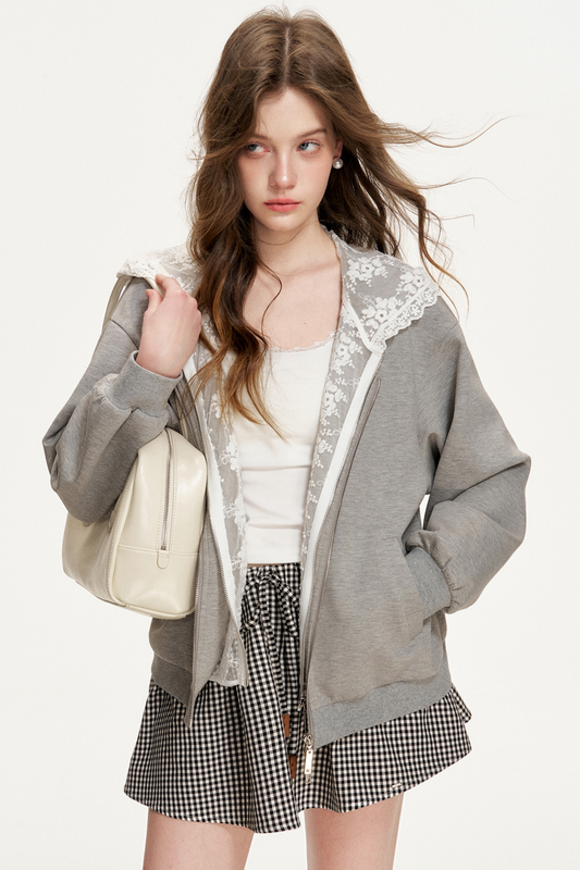 Spitzen-Patchwork Kapuzenjacke