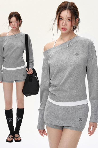 Fashion Oblique Shoulder Tops Set-Up