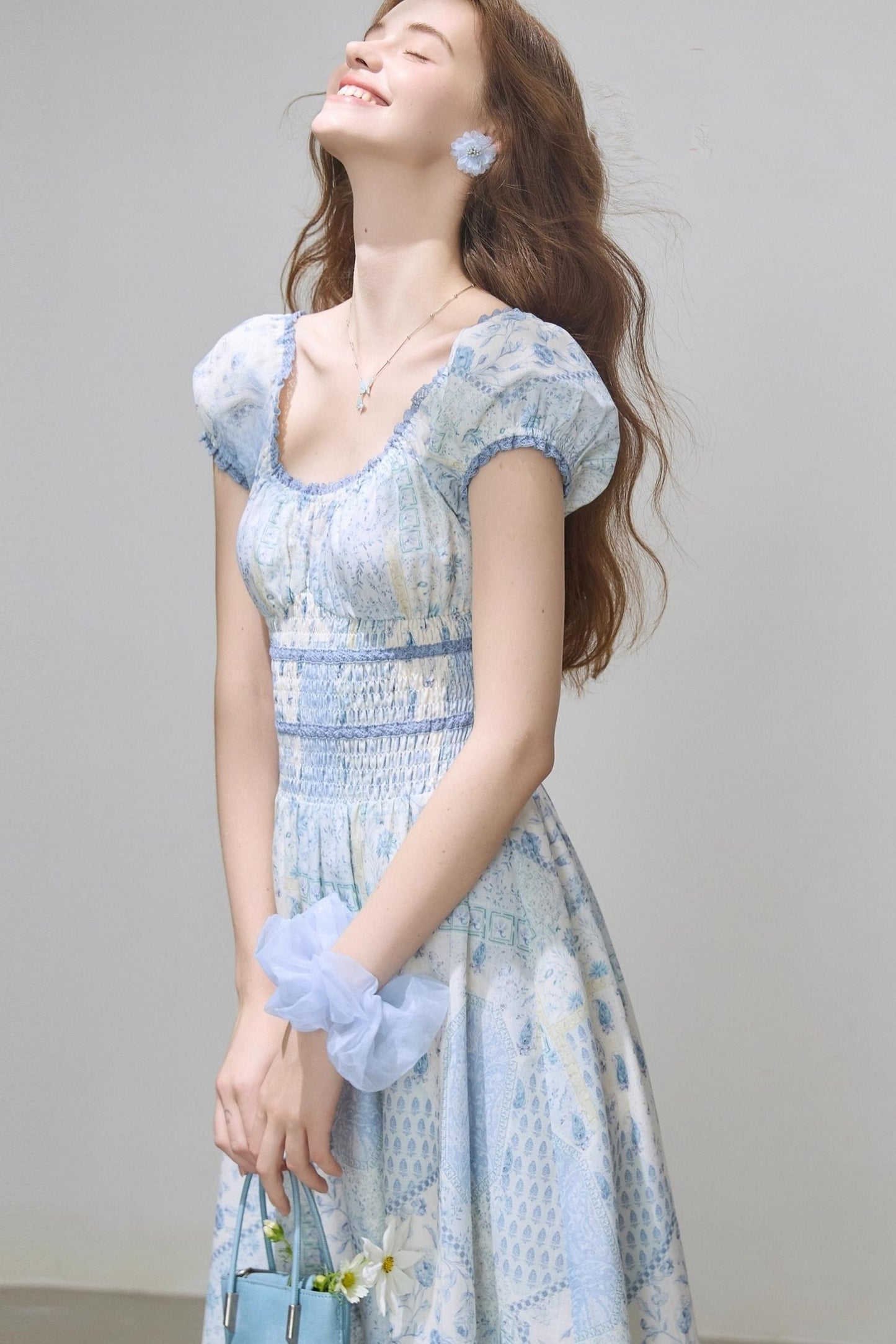 Puff Sleeves Waist Slim Long Dress