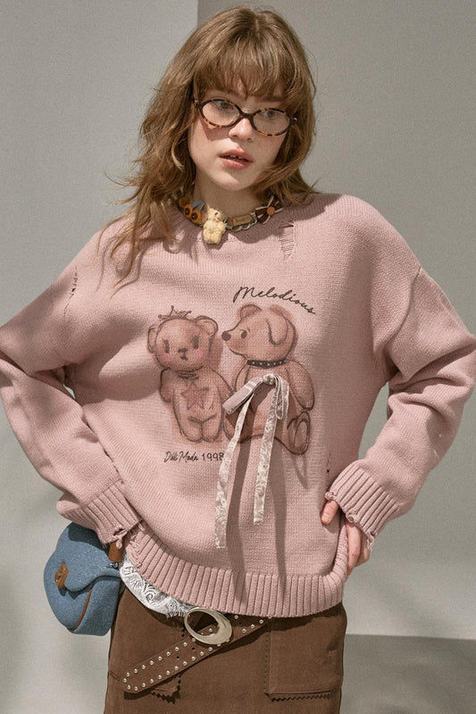 Kiss Bear Print Long Sleeve Sweater