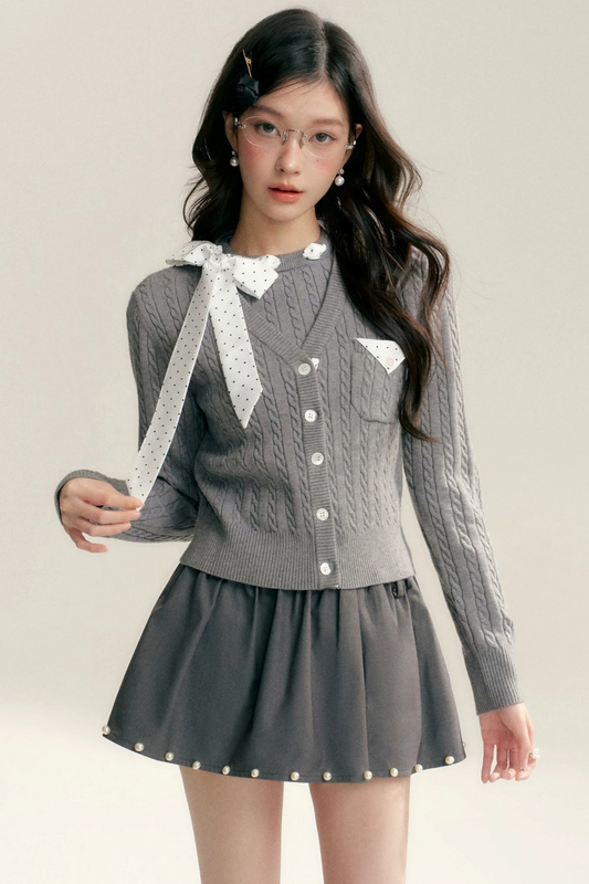 숏 그레이 케이블 니트 가디건 세트업