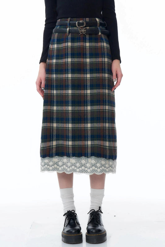 Retro Design Plaid Lace Skirt