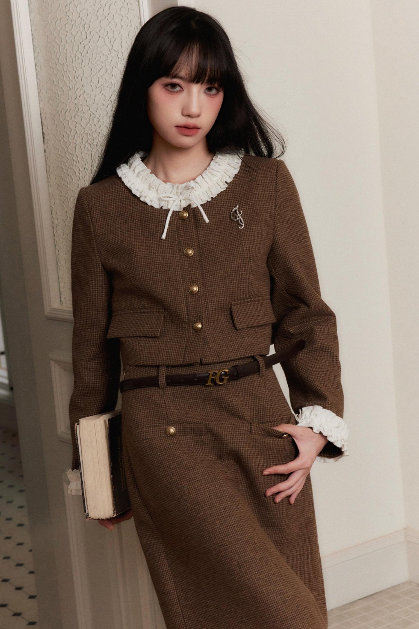 [10 31new] fragile shop French hot cocoa retro houndstooth small fragrance suit skirt autumn and winter