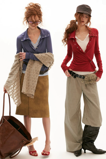 Layered-Look Button Polo Long Sleeve Top