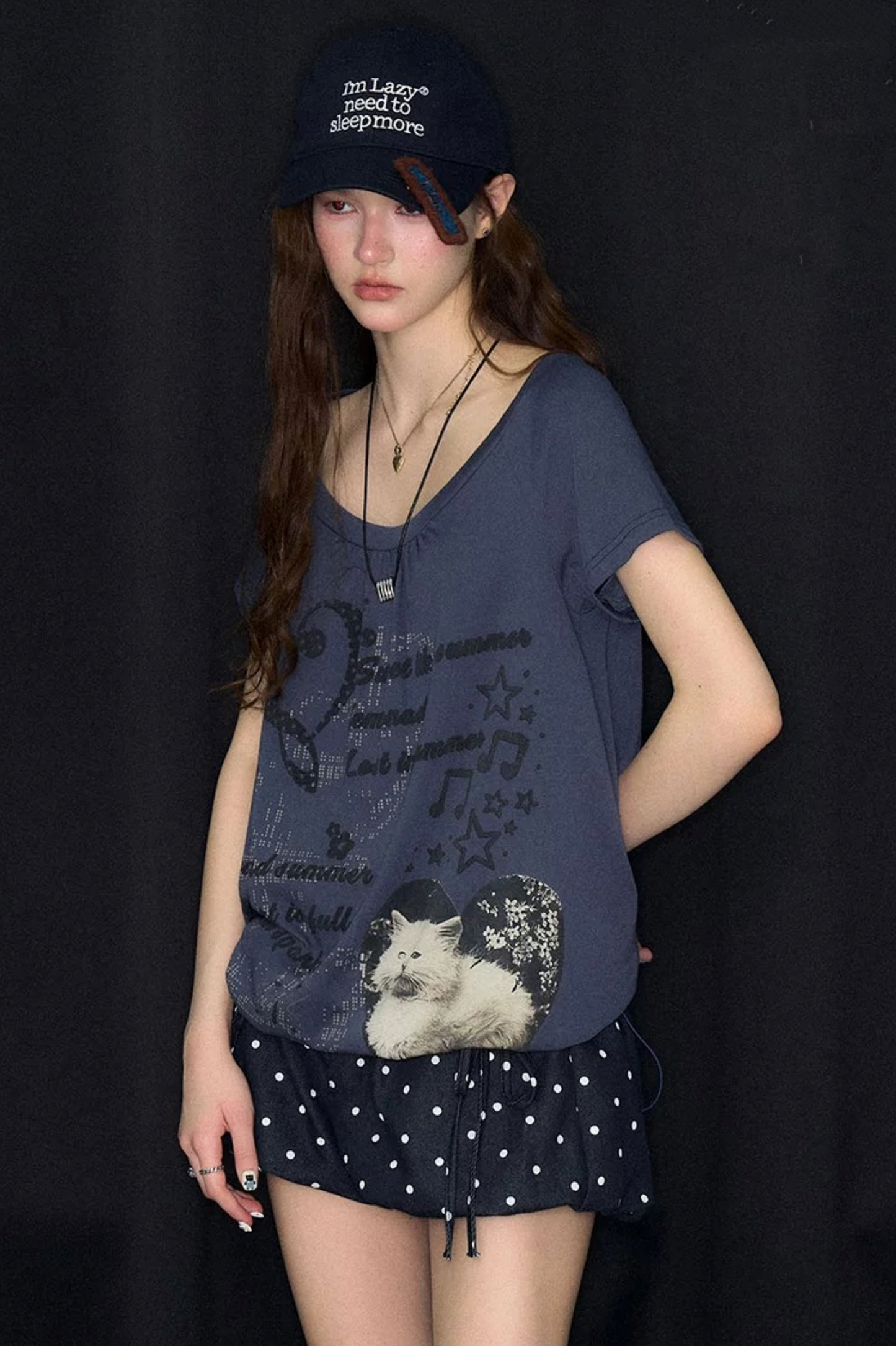 Kurzarm-T-Shirt mit Katzenprint und Kordelzug
