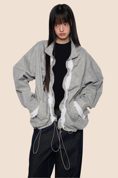 Loose Fit Pleated Lace Zip Jacket