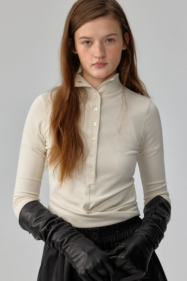 Ribbed Tie-Detail Stand Collar Knit