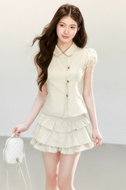 Retro Collar Blouse & Cake Skirt Set-Up