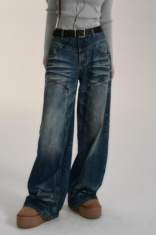 BLUE WASH DISTRESSED STRAIGHT-LEG JEANS