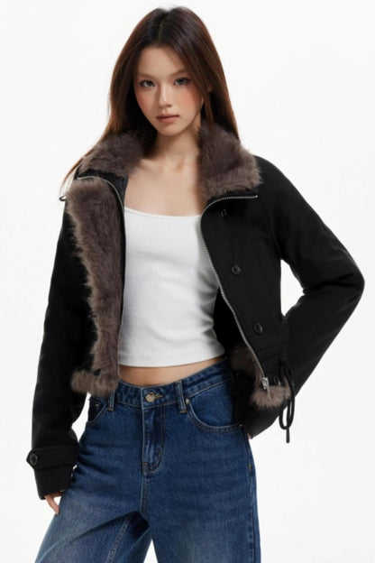 Plush Collar Slim Zippered Jacket