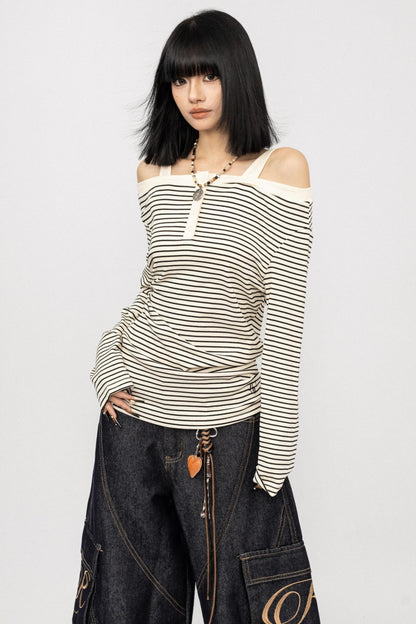 Striped Long Sleeve One Shoulder T-Shirt