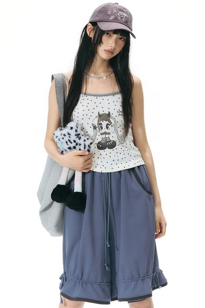 Color-Block Drawstring Elastic Waist Wide-Leg Mid-Length Shorts