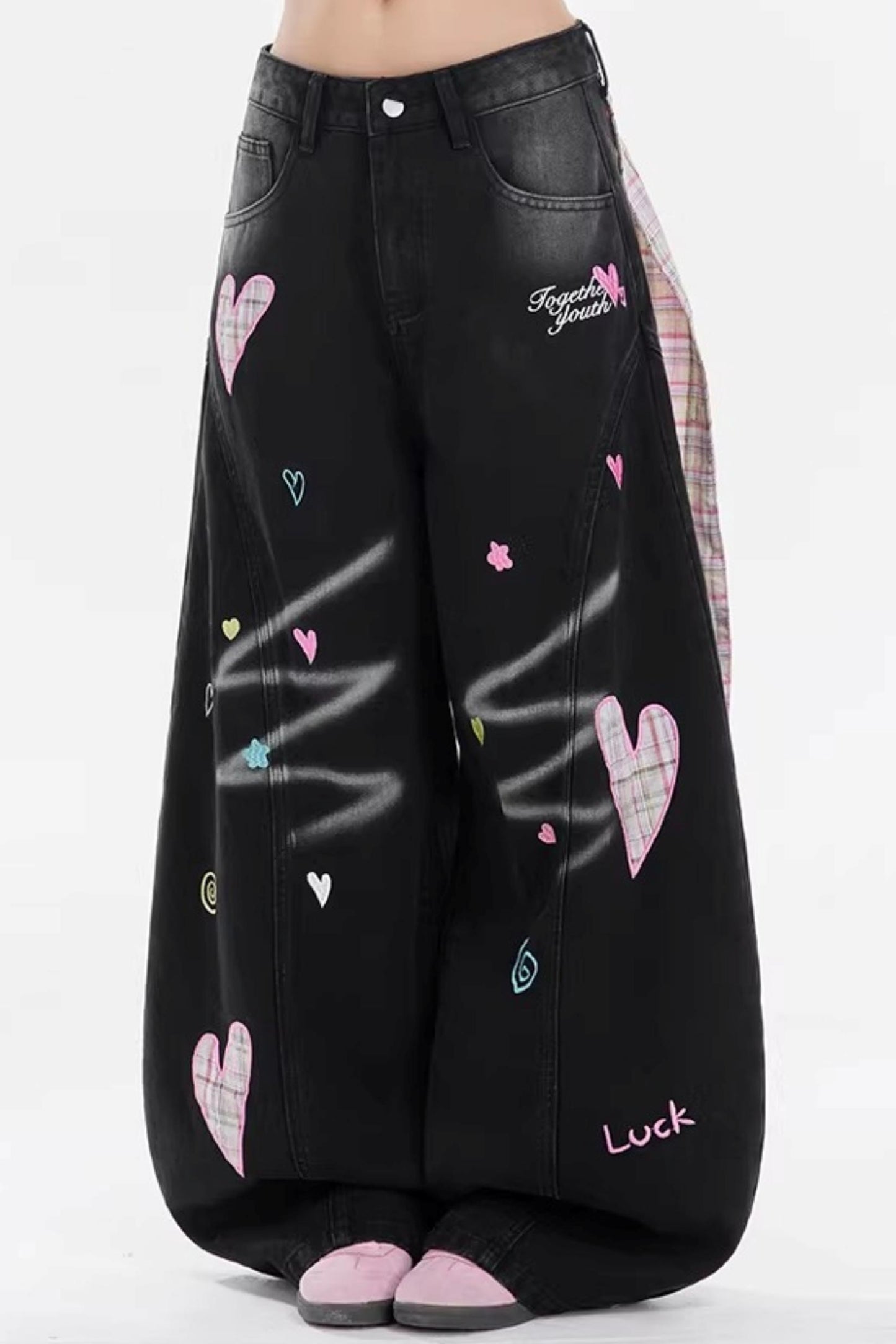 Retro Heart Print Denim Pants