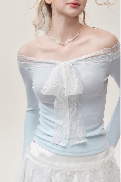 Light  Blue Lace One-Shoulder Top