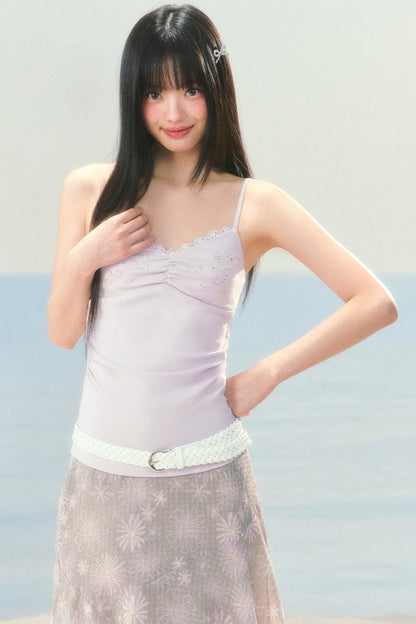 Lace Patchwork Rhinestone Camisole Set-Up