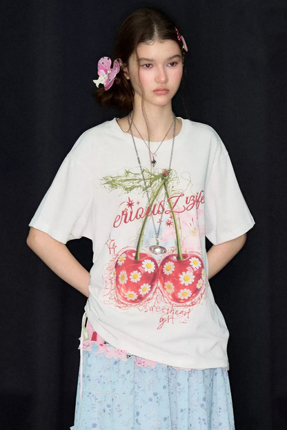 Kurzärmeliges T-Shirt mit Kirschprint