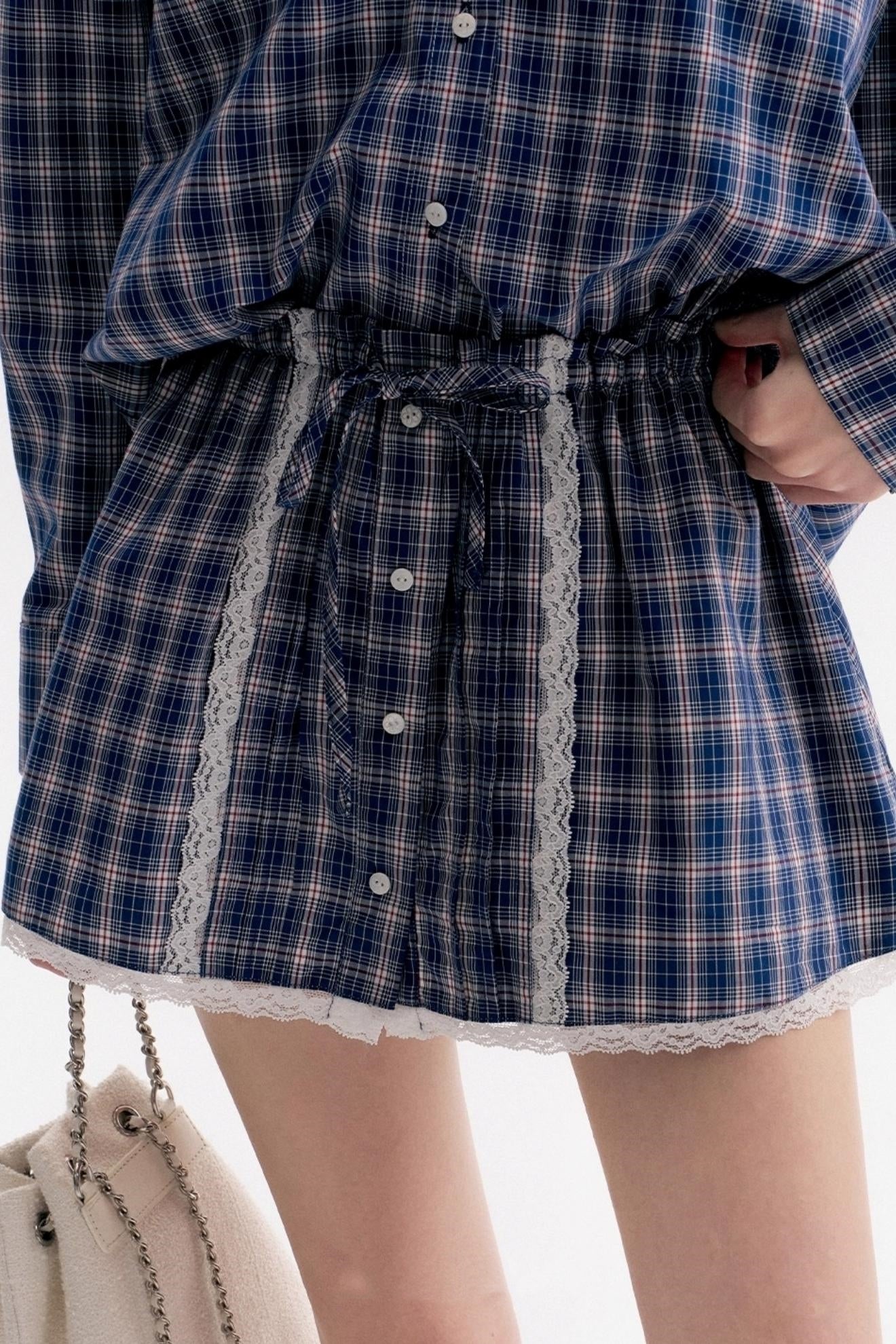 Lace Panel Check Loose Shirt Set-Up