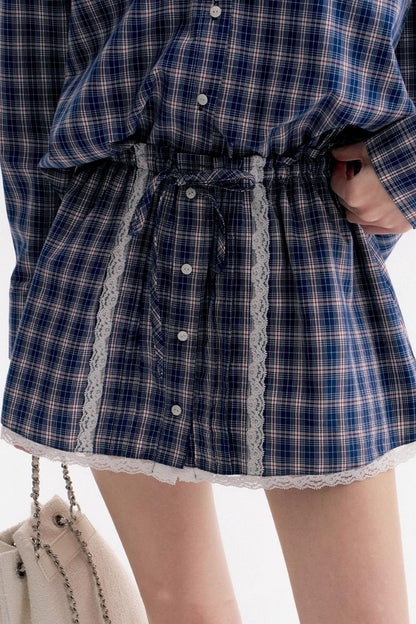 Lace Panel Check Loose Shirt Set-Up