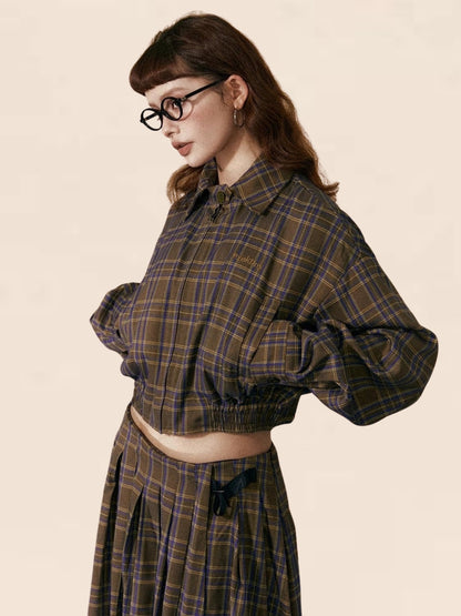 Retro Plaid Cropped Zipper Set