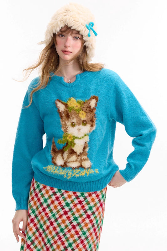Cat Pattern Blue U Neck Sweater