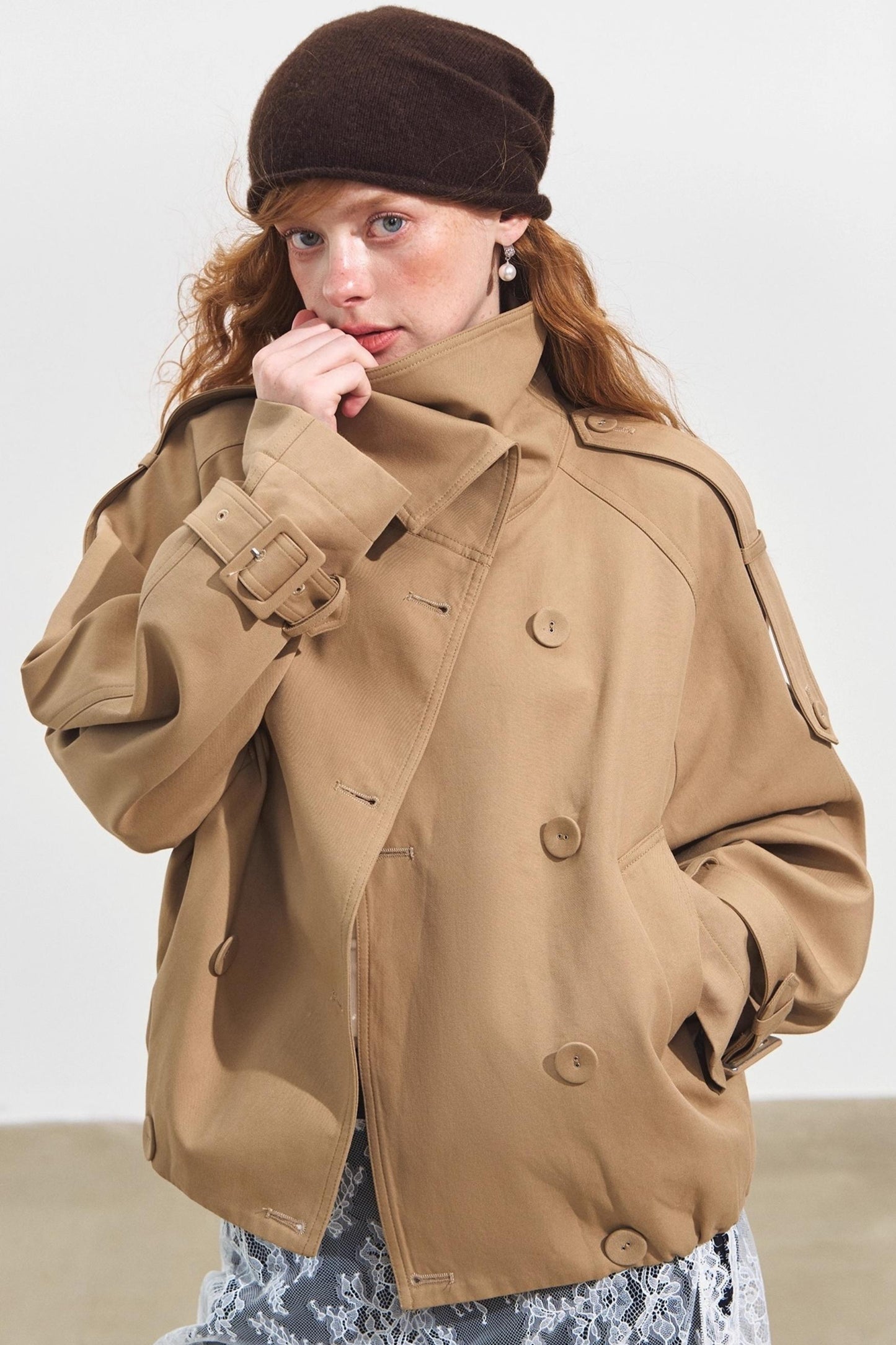 Slanted Stand-Up Collar Cropped Trench Coat